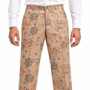 Mens 36 Tan Floral Cotton Dress Pants Straight Fit Flat Front Handmade Trousers